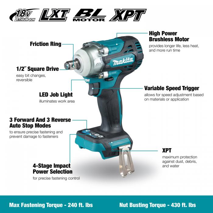 Makita DTW300XVZ 18V LXT Brushless 1/2" Impact Wrench feature overview showing friction ring anvil, 4-stage impact power selection, variable speed trigger, LED work light, XPT dust and moisture protection, and 3 forward/3 reverse auto-stop modes with 240 ft-lbs fastening torque and 430 ft-lbs nut-busting torque.
