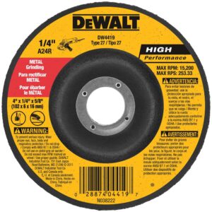 Front view of DEWALT DW4419 4″ x 1/4″ x 5/8″ Type 27 HP grinding wheel showing wheel profile, metal grinding application, and 15,200 RPM maximum speed.
