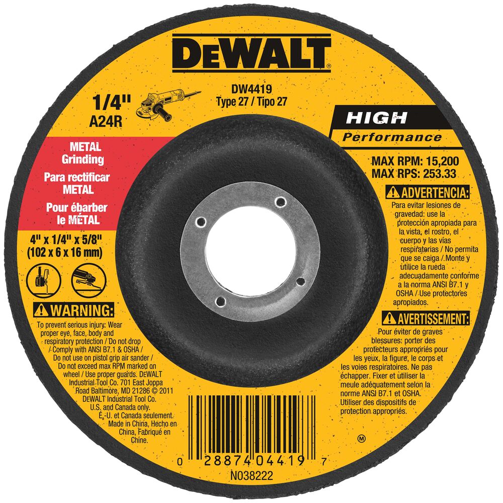 Front view of DEWALT DW4419 4″ x 1/4″ x 5/8″ Type 27 HP grinding wheel showing wheel profile, metal grinding application, and 15,200 RPM maximum speed.