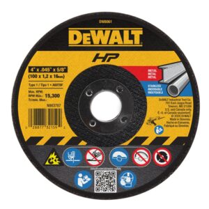 Front view of the DEWALT DW8061 4" x .045" x 5/8" HP Temper Point Type 1 metal cutting wheel showing the product label with specifications, compatibility for metal and stainless steel, safety icons, and 15,300 RPM maximum operating speed.