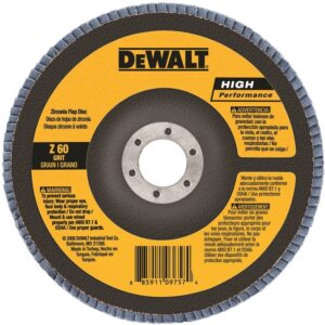 Front view of DEWALT 4″ Type 27 zirconia flap disc with 60-grit abrasive, 5/8″ arbor, and layered flap construction for grinding, blending, and surface finishing on metal.