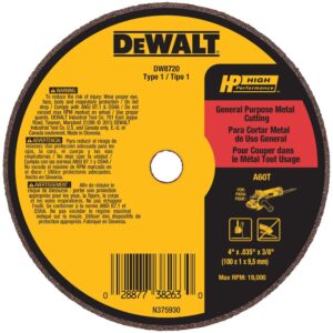 DEWALT DW8720 4 in. x .035 in. x 3/8 in. HP Flat Cutting Wheel product image showing the Type 1 aluminum oxide cutting wheel for metal and stainless steel.