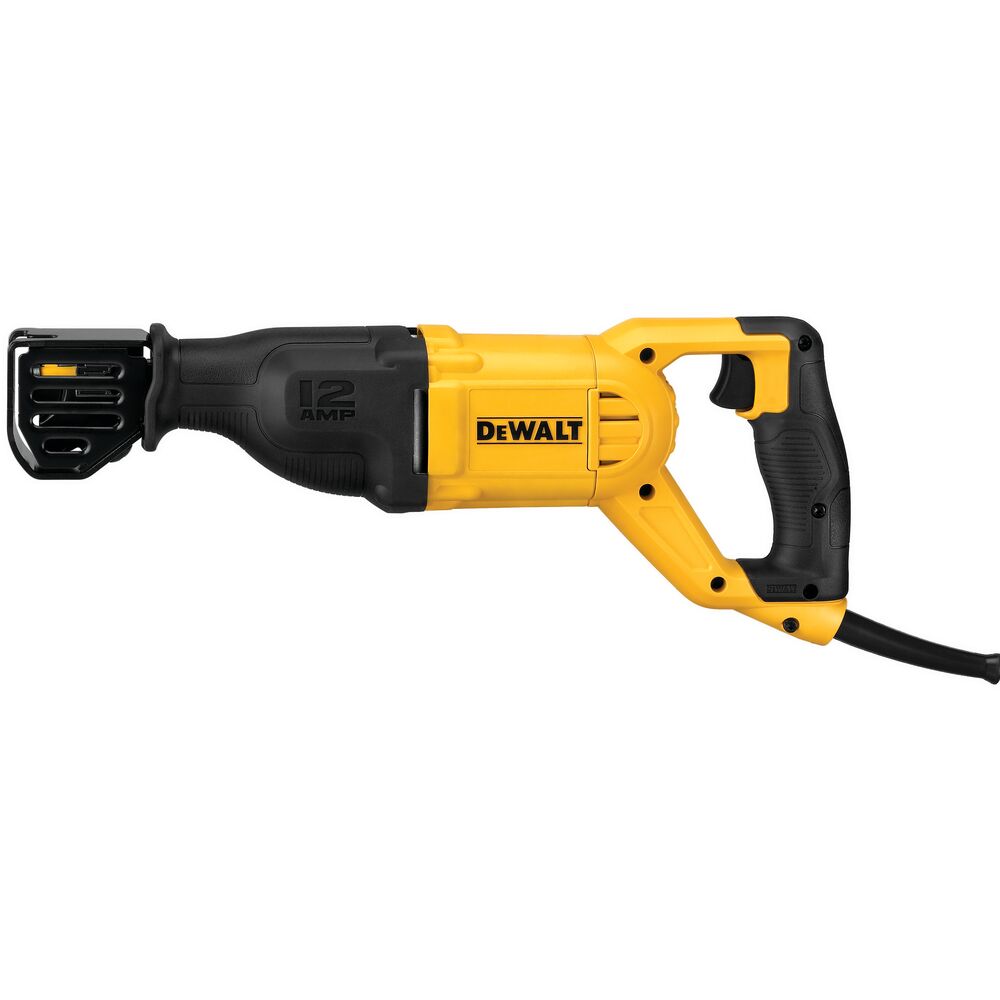 DWE305 DEWALT 12 Amp Corded Reciprocating Saw with variable speed trigger, 4-position blade clamp, and heavy-duty motor product image.
