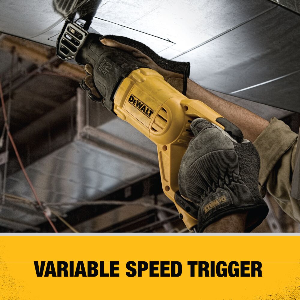 DEWALT DWE305 12 Amp Corded Reciprocating Saw cutting sheet metal overhead, demonstrating variable speed trigger control in HVAC and demolition applications.