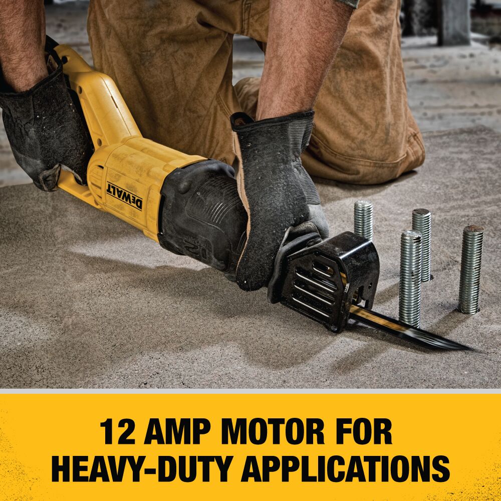 DEWALT DWE305 12 Amp Corded Reciprocating Saw cutting metal threaded rod on a jobsite floor, highlighting the heavy-duty 12-amp motor for demanding demolition and metal-cutting applications.