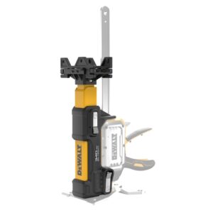 DWHT83554 DEWALT TOUGHSERIES™ Construction Jack Extension product image attached to a DEWALT construction jack, showing extended lifting rail, non-marring contact pad, and integrated lumber cradle attachment.