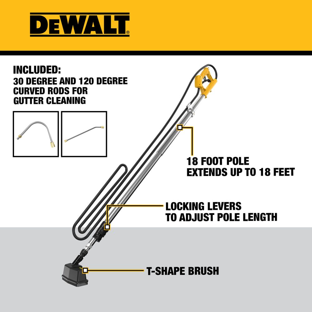 DEWALT DWZPWTW18 telescoping pressure washer wand showing 18-foot extension pole, locking length-adjustment levers, T-shape brush, and included 30° and 120° gutter-cleaning adapters.