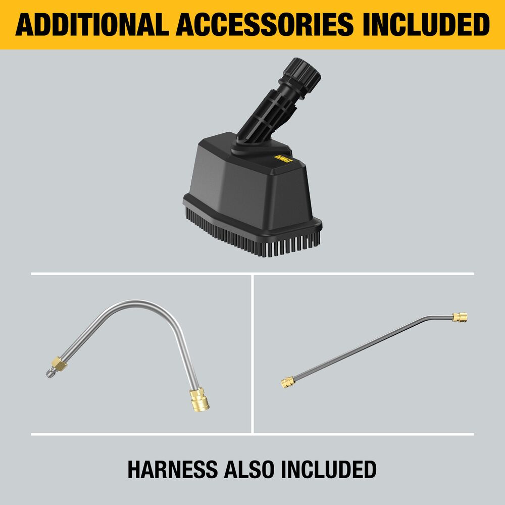 DEWALT telescoping pressure washer wand accessories including T-shape cleaning brush, 30-degree curved gutter-cleaning adapter, 120-degree curved gutter-cleaning adapter, and support harness for extended use.