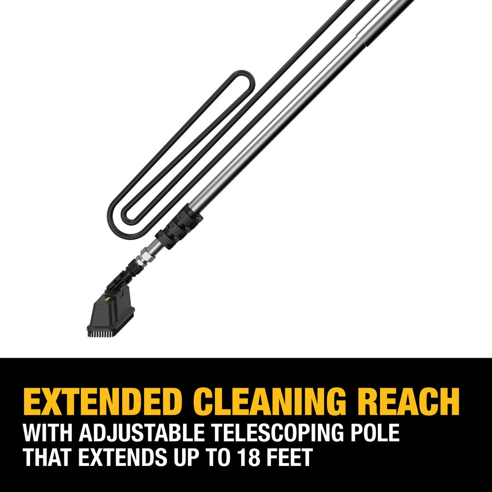 DEWALT telescoping pressure washer wand showing adjustable extension pole with locking levers and T-shape brush attachment for cleaning up to 18 feet high.