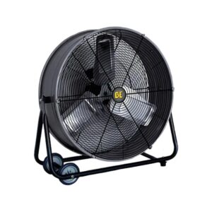 BE 24" drum fan front angle view with black steel safety grille, three aluminum fan blades, direct-drive motor housing, and portable wheeled frame for shop and warehouse ventilation.