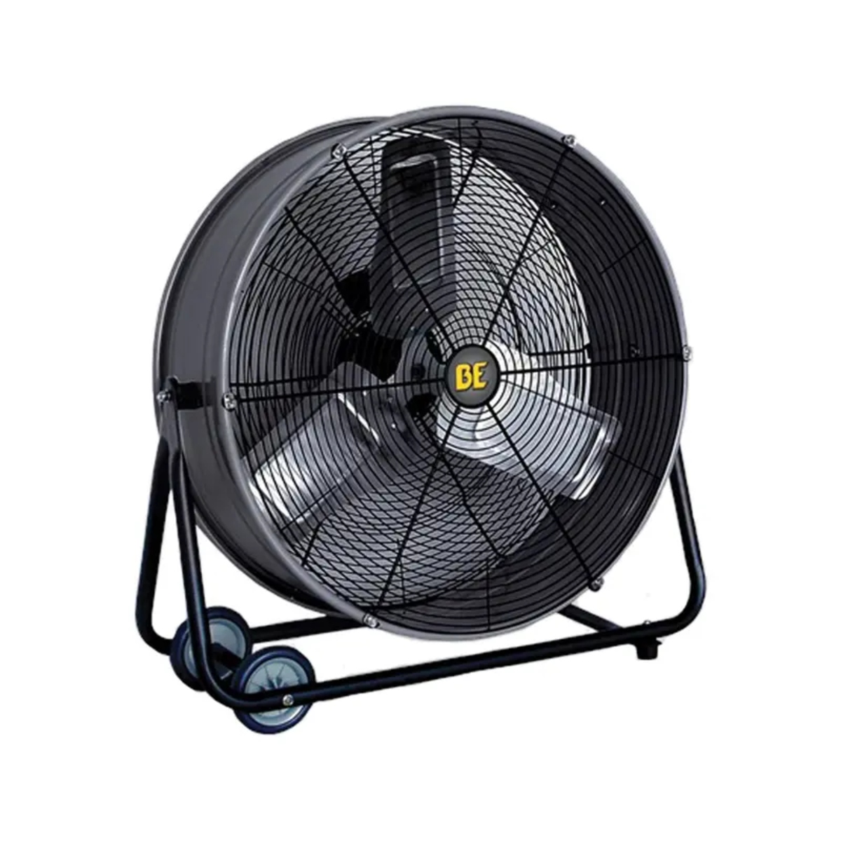 BE 24" drum fan front angle view with black steel safety grille, three aluminum fan blades, direct-drive motor housing, and portable wheeled frame for shop and warehouse ventilation.