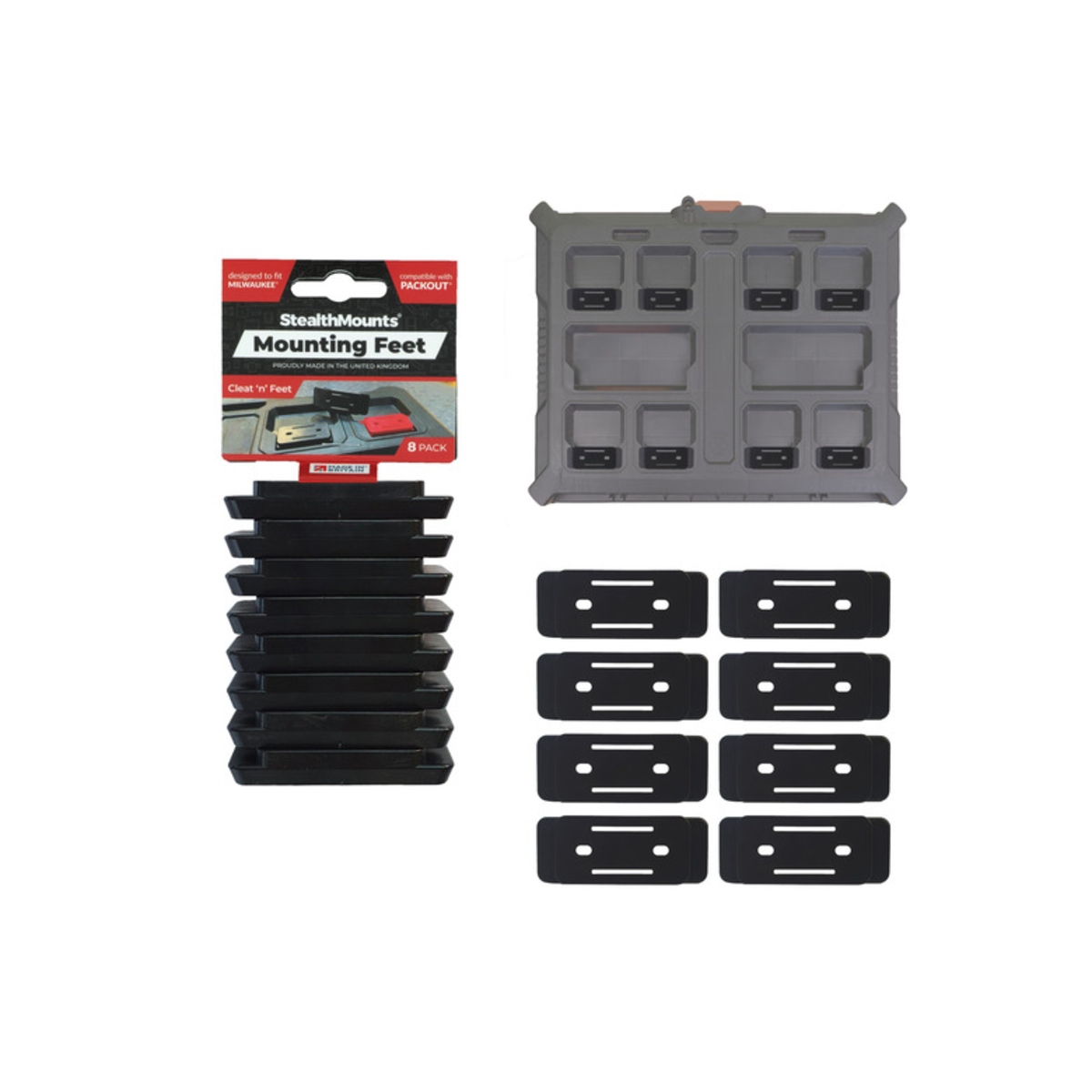 Eight black PACKOUT™-compatible mounting feet with retail packaging and mounting position example on a PACKOUT™ lid