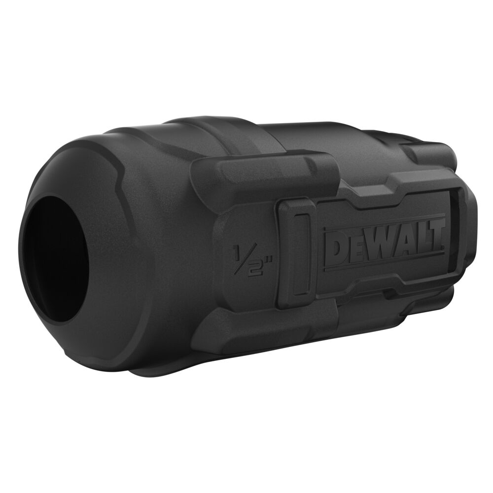 Angled front view of the DEWALT PB961B protective rubber boot for the DCF961 20V MAX XR 1/2 in. high-torque impact wrench, showing the custom-molded flexible rubber construction and secure-fit design.