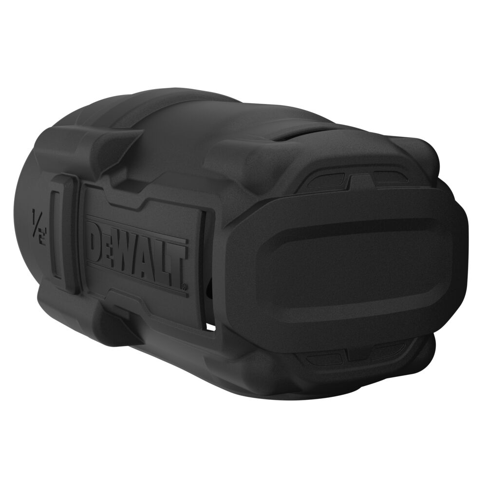 Rear angled view of the DEWALT PB961B protective rubber boot showing the reinforced back, battery opening, and custom-molded rubber construction designed to fit the DCF961 20V MAX XR 1/2 in. high-torque impact wrench.