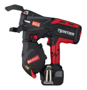 MAX RB613T TWINTIER rebar tying tool, left side profile showing large jaw, wire spool housing, trigger grip, belt hook, and 14.4V battery pack.