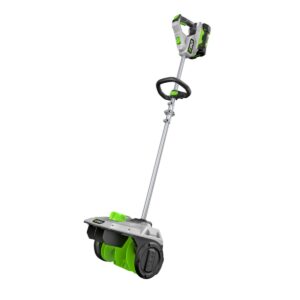 SNS1201 EGO 56V Power+ 12-inch Snow Shovel Kit with 2.5Ah battery installed, showing snow shovel head, auxiliary handle, and cordless power unit product image.