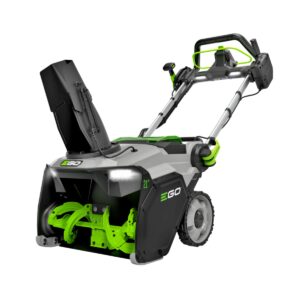 SNT2134 EGO 56V Power+ 21-inch Peak Power single-stage snow thrower with steel auger, LED headlights, chute control, and folding handle, front-left product view.