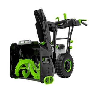 SNT2405 EGO 56V Power+ 24" Peak Power™ Dual-Stage Snow Blower Kit product image showing self-propelled snow blower with 24-inch clearing width, metal auger, LED headlights, and large traction tires.