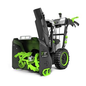 EGO 24" dual-stage snow blower product image showing steel auger, 24-inch clearing width, self-propelled drive system, LED headlights, and heavy-duty treaded tires.