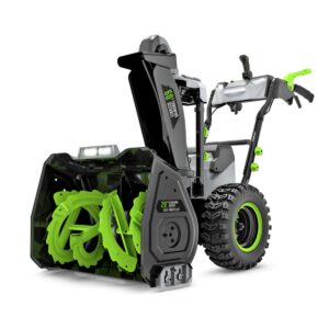 SNT2807 EGO 56V Power+ 28" Peak Power™ Dual-Stage Snow Blower Kit product image showing self-propelled snow blower with steel auger, 28-inch clearing width, large traction tires, and high-capacity discharge chute.
