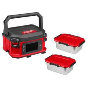 Milwaukee 0811-20 M18 Jobsite Lunch Warmer product image with digital controls and two stainless-steel food containers with red leakproof lids.