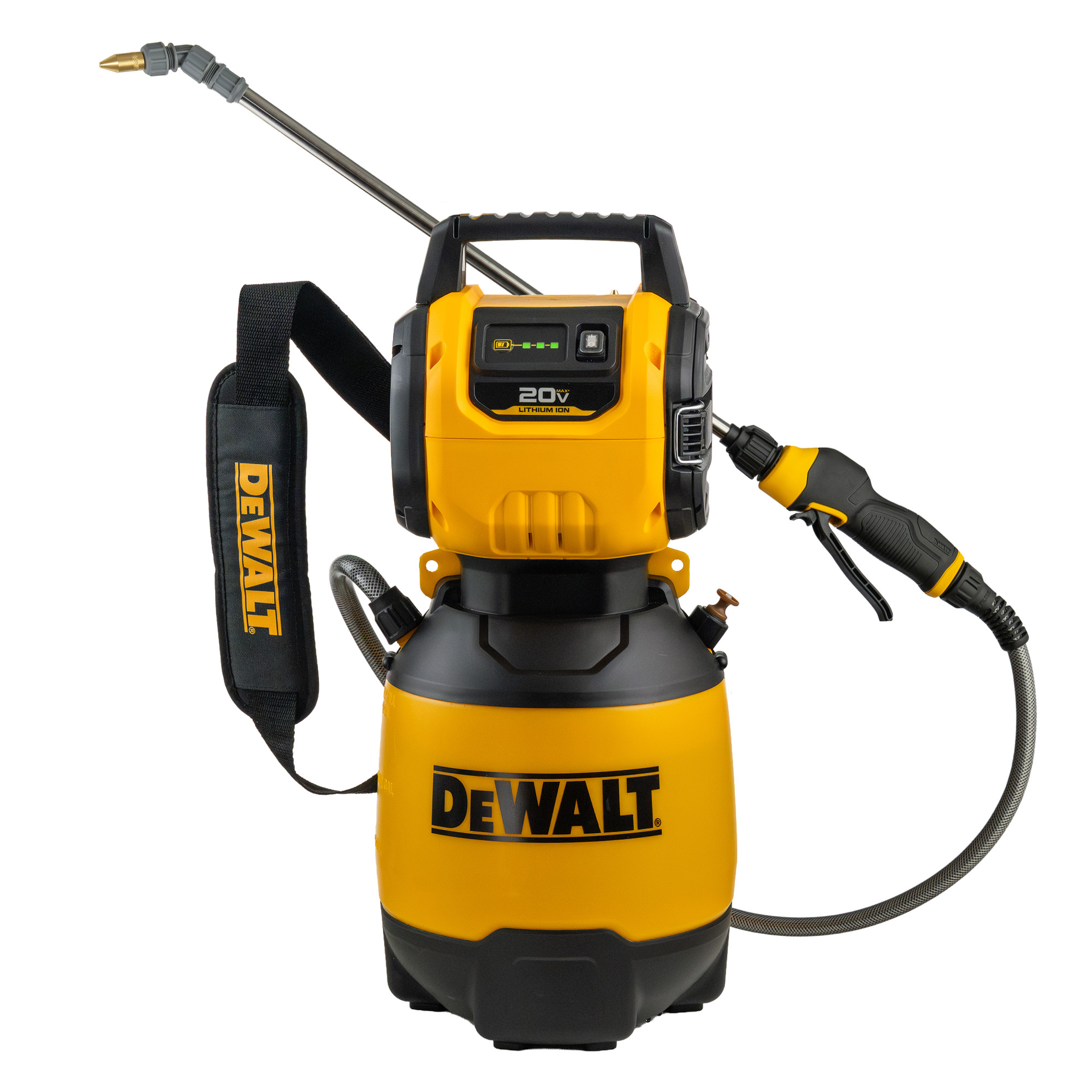 DEWALT 190787 20V MAX 2-Gallon Compressed Air Sprayer product image with spray wand, hose, trigger handle and shoulder strap on a white background