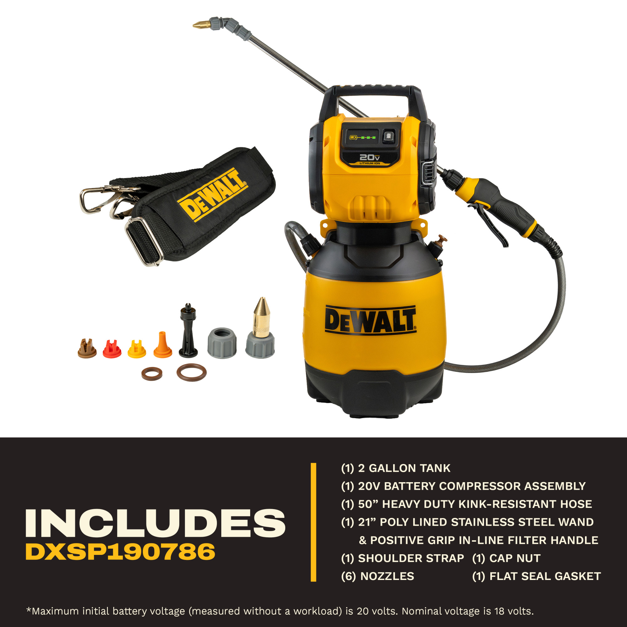 DEWALT 20V MAX 2-Gallon Compressed Air Sprayer includes infographic showing the sprayer, shoulder strap, six nozzles, 50" kink-resistant hose, 21" stainless steel wand, cap nut and flat seal gasket