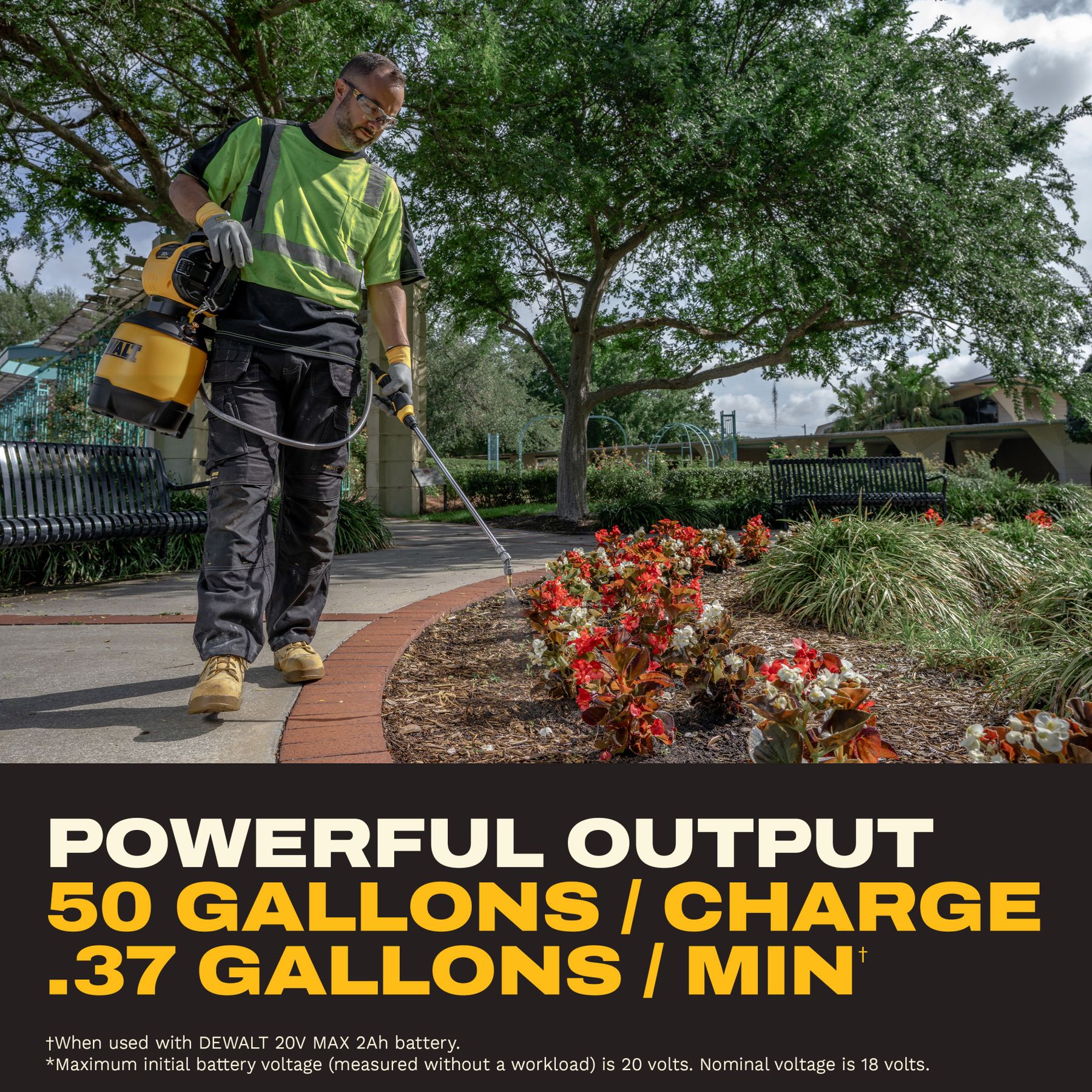 Worker using a DEWALT 20V MAX 2-Gallon Compressed Air Sprayer to treat a landscaped flower bed, with 50 gallons per charge and 0.37 GPM performance text