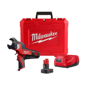 MILWAUKEE 2472-21XC M12 600 MCM Cable Cutter Kit product image with cordless cable cutter, M12 battery, charger, and red carrying case.