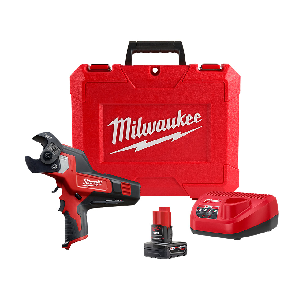 MILWAUKEE 2472-21XC M12 600 MCM Cable Cutter Kit product image with cordless cable cutter, M12 battery, charger, and red carrying case.