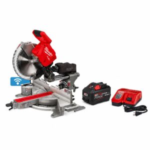 Milwaukee 2739-21HD M18 FUEL 12-inch dual-bevel sliding compound mitre saw kit with FORGE HD12.0 battery, charger, and ONE-KEY icon, product image.