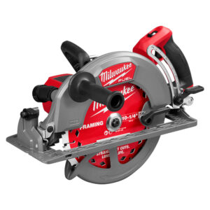 Milwaukee 3026-20 M18 FUEL 10-1/4" rear-handle circular saw product image with framing blade, auxiliary handle, magnesium guards, shoe, and rafter hook.