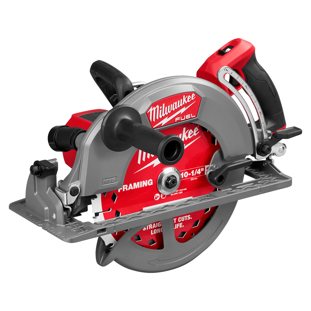 Milwaukee 3026-20 M18 FUEL 10-1/4" rear-handle circular saw product image with framing blade, auxiliary handle, magnesium guards, shoe, and rafter hook.