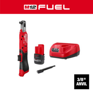 MILWAUKEE 3053-21 M12 FUEL™ 3/8" Ratchet Kit including cordless ratchet, M12 HIGH OUTPUT CP2.5 battery, charger, and 3/8" anvil.