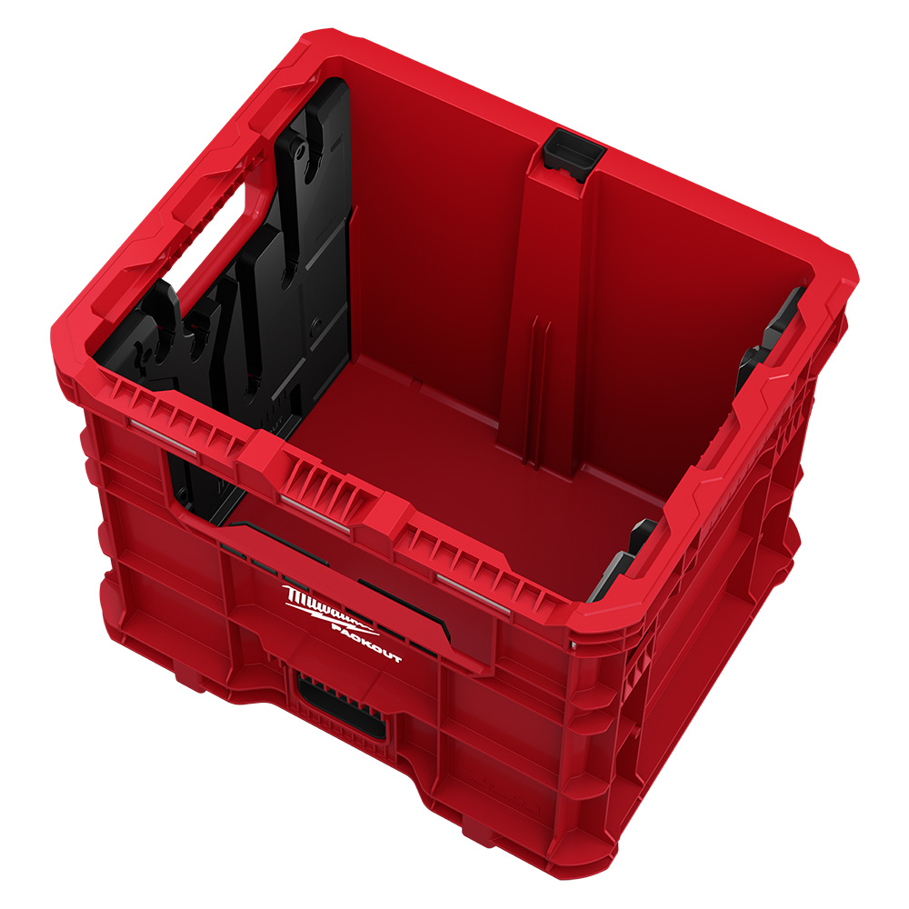 MILWAUKEE 48-22-8043 PACKOUT Wire Pulling XL Crate product image showing the red crate with black wire-pulling inserts installed on a white background