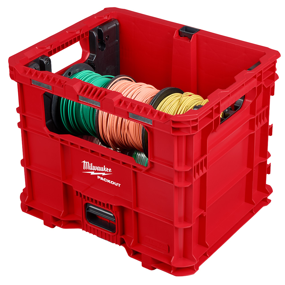 MILWAUKEE Wire Pulling Inserts installed in a PACKOUT XL Crate with green, orange and yellow wire spools loaded for dispensing