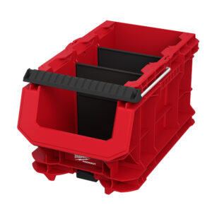 MILWAUKEE 48-22-8437 PACKOUT Compact Crate product image with two black dividers and metal-reinforced top handle on a white background