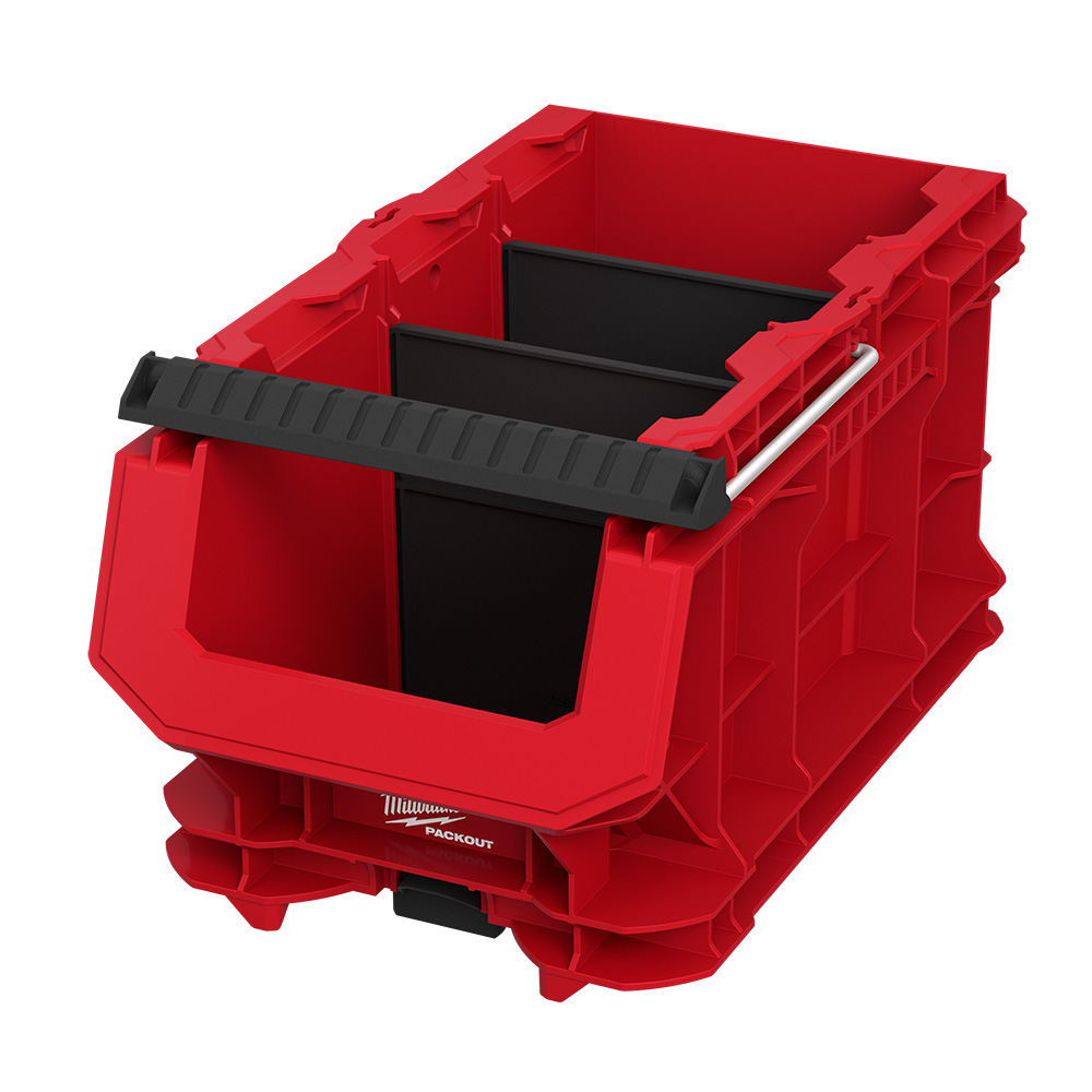 MILWAUKEE 48-22-8437 PACKOUT Compact Crate product image with two black dividers and metal-reinforced top handle on a white background
