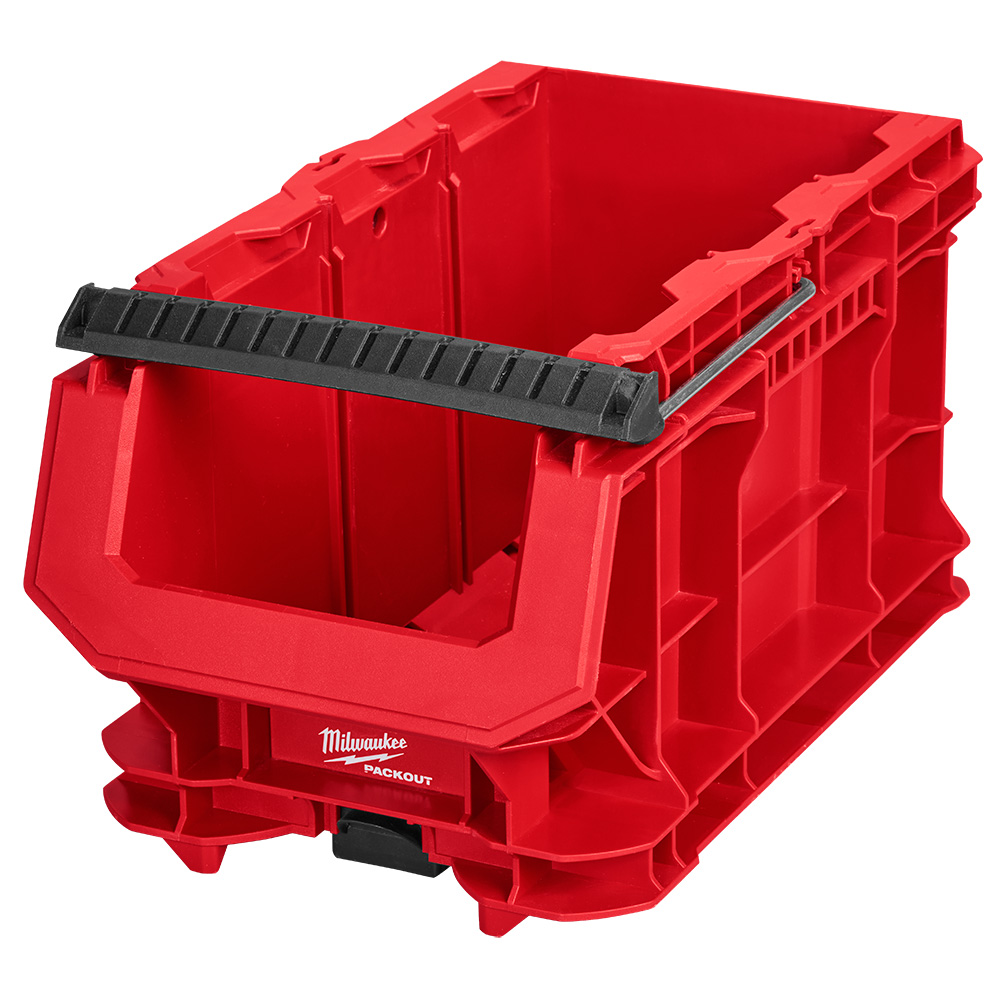 MILWAUKEE PACKOUT Compact Crate shown empty with the metal-reinforced top handle on a white background