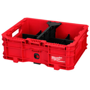 MILWAUKEE 48-22-8438 PACKOUT Low-Profile Crate product image with quick-adjust dividers installed on a white background