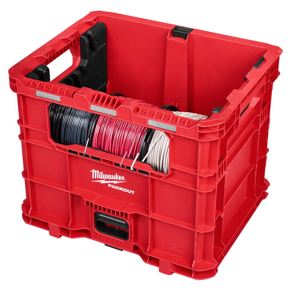 MILWAUKEE PACKOUT XL Crate shown storing multiple spools of electrical wire with the front opening providing easy access on a white background