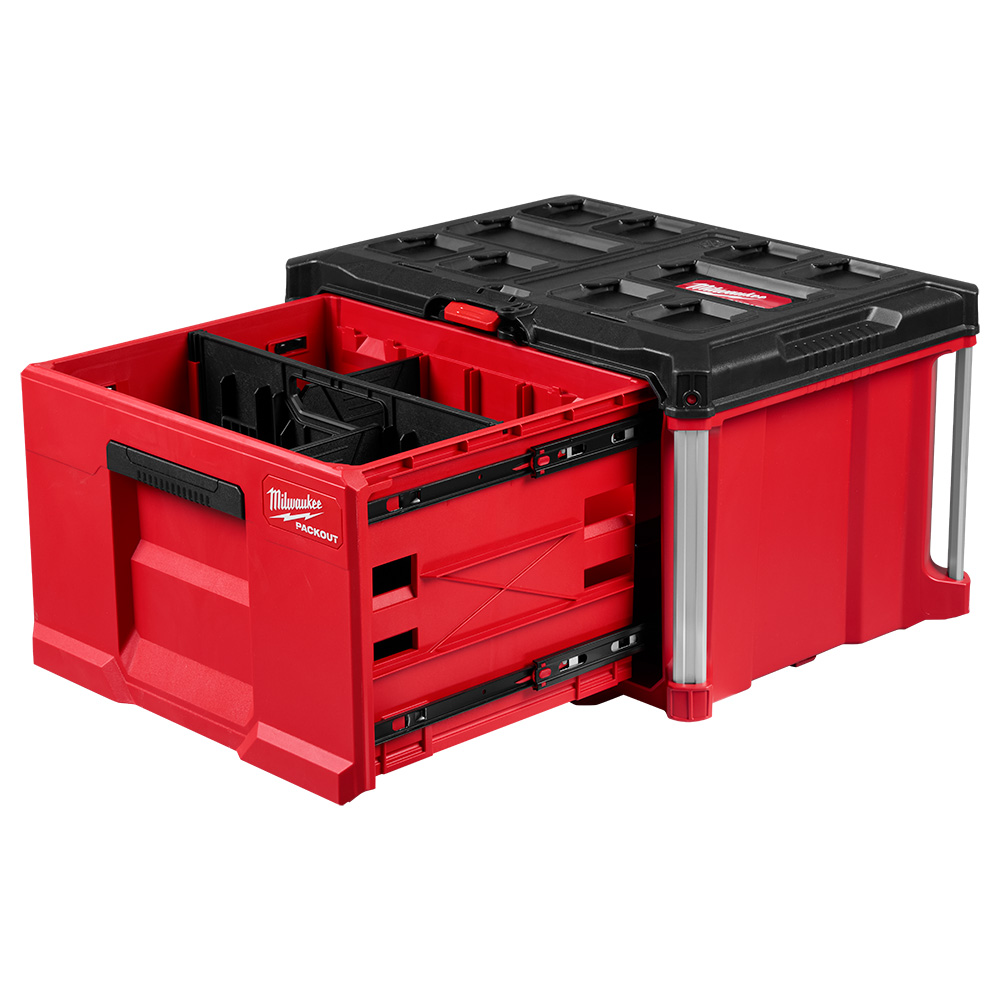 48-22-8441 MILWAUKEE PACKOUT Single-Drawer Tool Box product image, shown open with the full-width drawer, quick-adjust dividers, and metal ball-bearing slides visible on a white background.