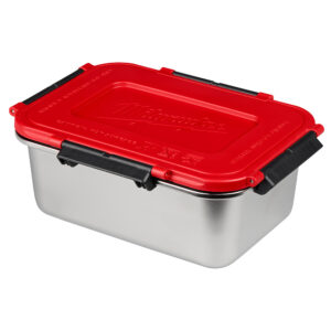Milwaukee 49-16-0202 stainless steel food container product image with red leakproof lid and black locking latches for the M18 Jobsite Lunch Warmer.