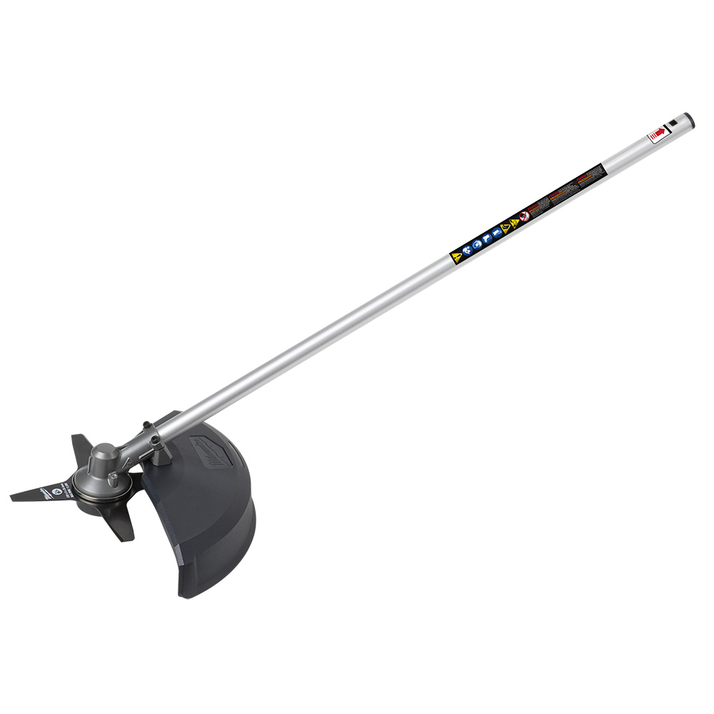 49-16-2738 MILWAUKEE M18 FUEL QUIK-LOK Brush Cutter Attachment product image, shown on a white background with the full shaft, 9" four-tooth blade, optimized guard, safety labels, and attachment coupling visible.