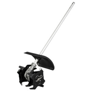 49-16-2739 MILWAUKEE M18 FUEL QUIK-LOK Cultivator Attachment product image, shown on a white background with the 9" bolo-style steel tines, protective guard, gearbox, and attachment shaft visible.