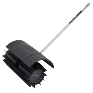 49-16-2740 MILWAUKEE M18 FUEL QUIK-LOK Rubber Broom Attachment product image, shown on a white background with the full shaft, wide protective guard, and rotating rubber paddles visible.
