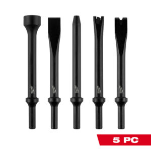MILWAUKEE 49-16-3776 5-Piece Hammer Chisel Bit Set product image showing a round hammer, flat chisel, tapered punch, slotted sheet metal ripper, and spot weld breaker on a white background.