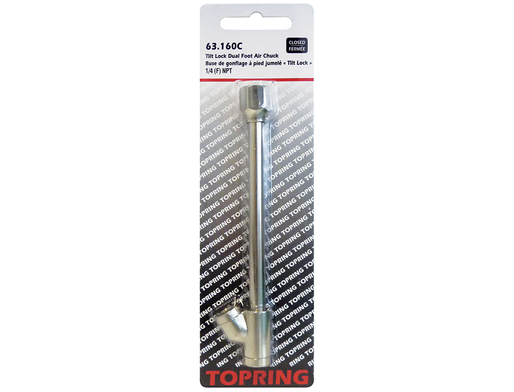 TOPRING 63.160C closed dual-foot tilt-lock air chuck with 1/4-inch female NPT connection shown in retail packaging.