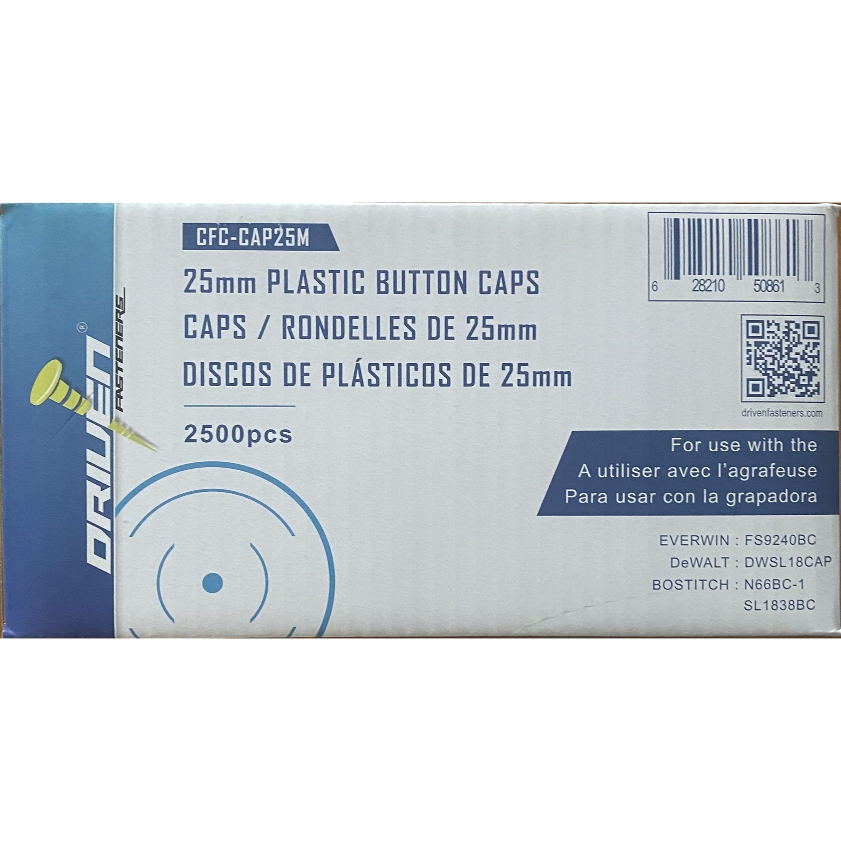 Drive Fasteners CFC-CAP25M box of 25 mm plastic button caps, 2,500 pieces, compatible with Bostitch N66BC-1 and SL1838BC cap tools.