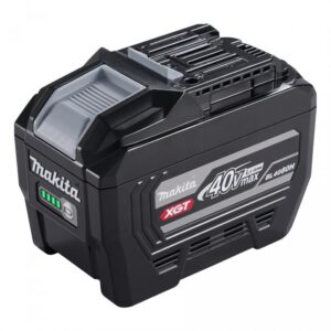 Makita BL4080H 40Vmax XGT 8.0Ah High Power Battery product image, shown at an angle with charge-level indicator, cooling vents, and slide-on mounting rails.